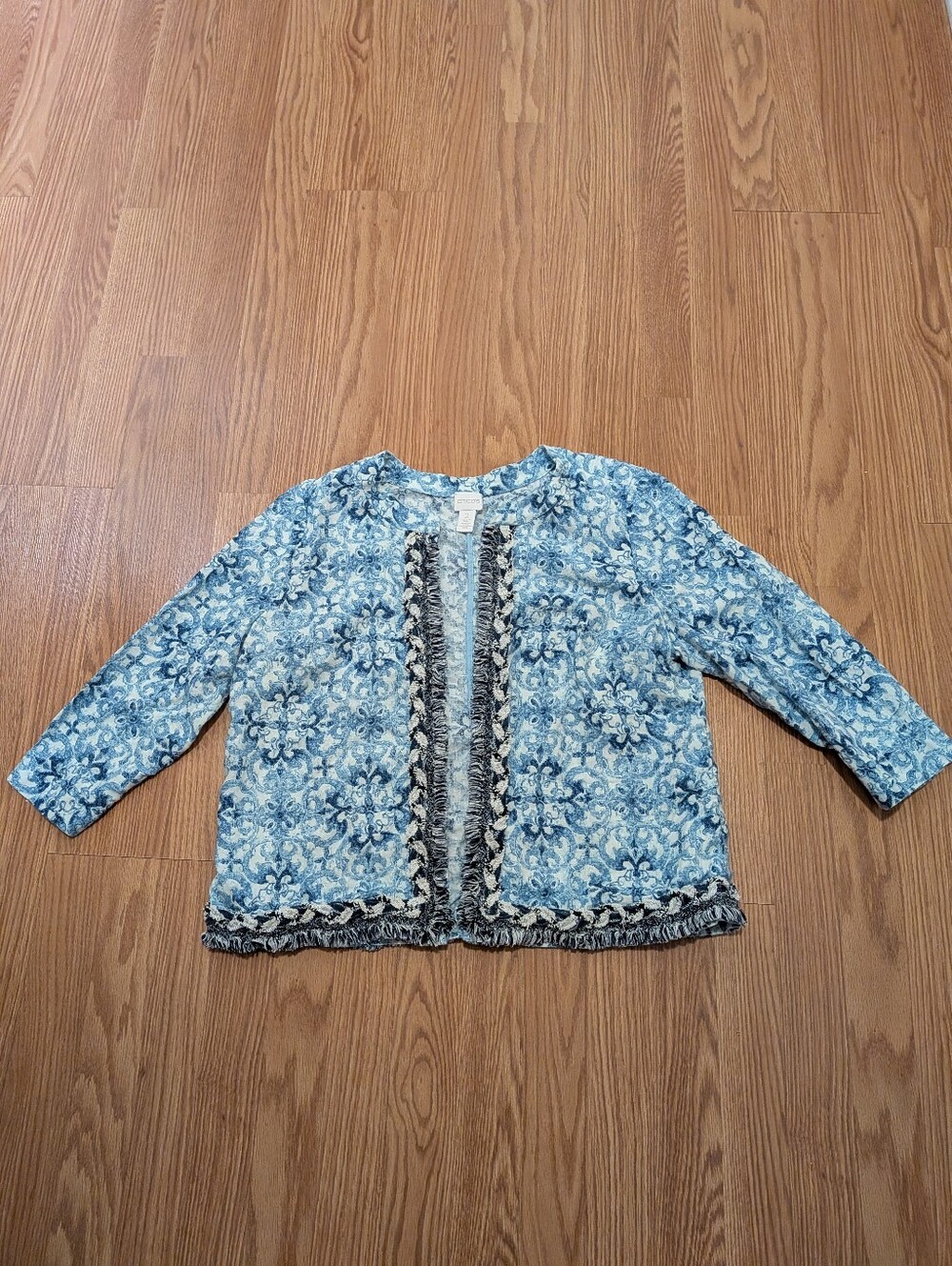 Chicos Blue White Linen Fringe Open Jacket 2 Large
